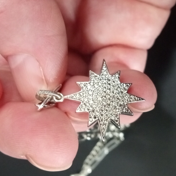 SILVER PAPERCLIP CHAIN NECKLACE WITH 12 PT PAVE CZ CRYSTAL STAR CHARM. - Picture 4 of 8